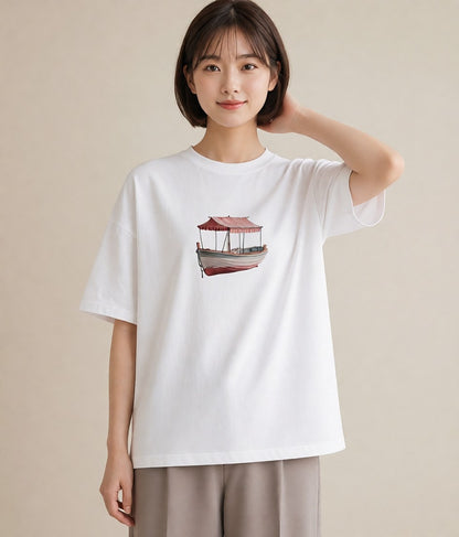 デザインTシャツ レディース 紙の船 水辺 ナチュラル アンティーク イラスト カフェコーデ 親子 20代 白T YMAZO