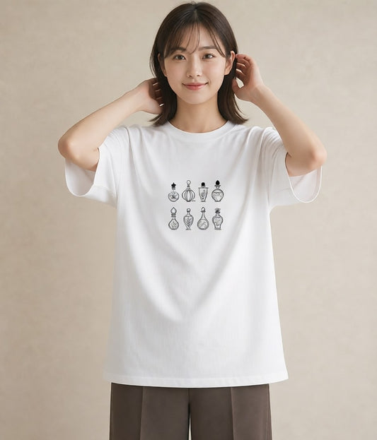プリントTシャツ レディース 香水 香水瓶 パフューム イラスト ミニマル 秋コーデ おしゃれギフト 白T YMAZO