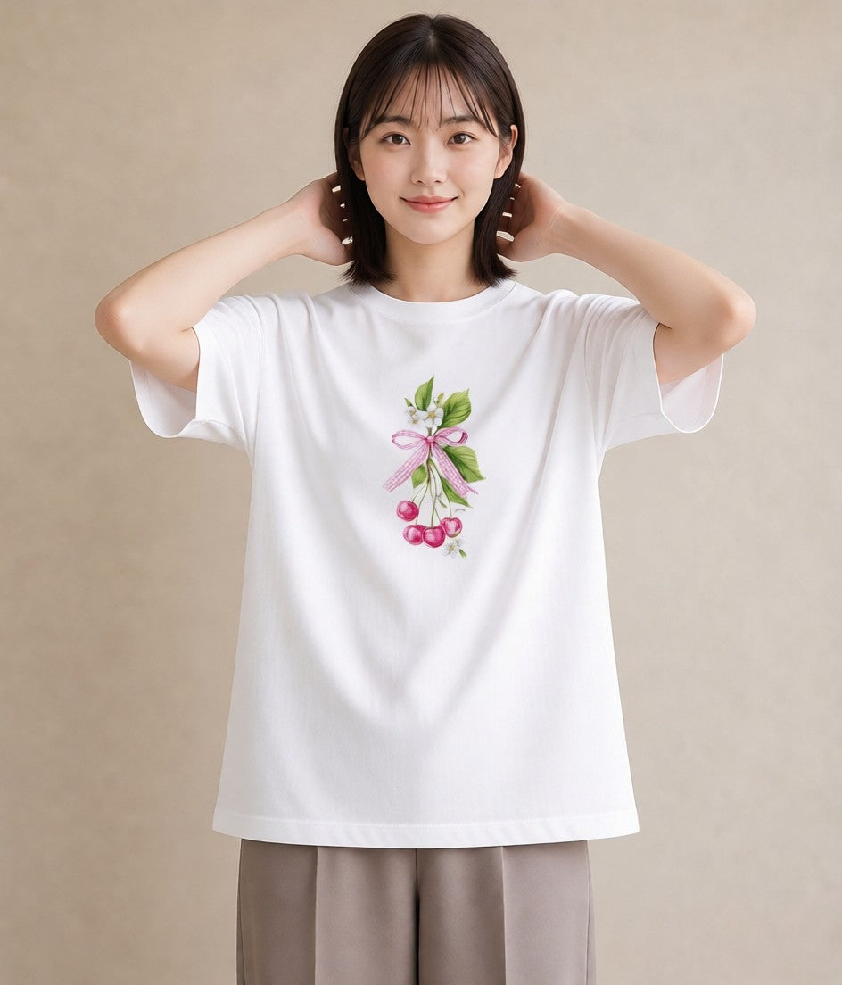 デザインTシャツ レディース さくらんぼ チェリー 食べ物 フード イラスト レトロ 自分用 ルームウェア 白T YMAZO