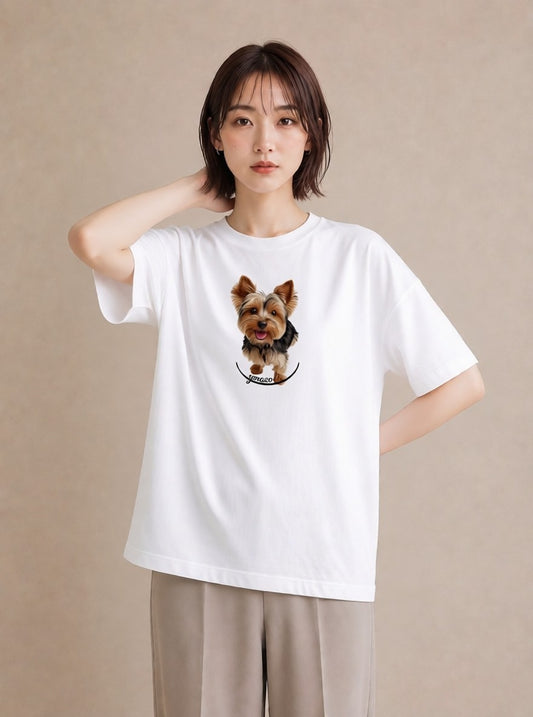 プリントTシャツ レディース ヨークシャーテリア 犬 いぬ イラスト ニュアンス 海 カフェ巡り 白T