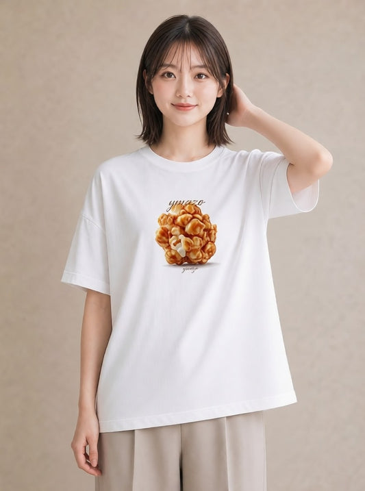 デザインTシャツ レディース ポップコーン 食べ物 フード イラスト きれいめカジュアル 在宅 公園 白T YMAZO