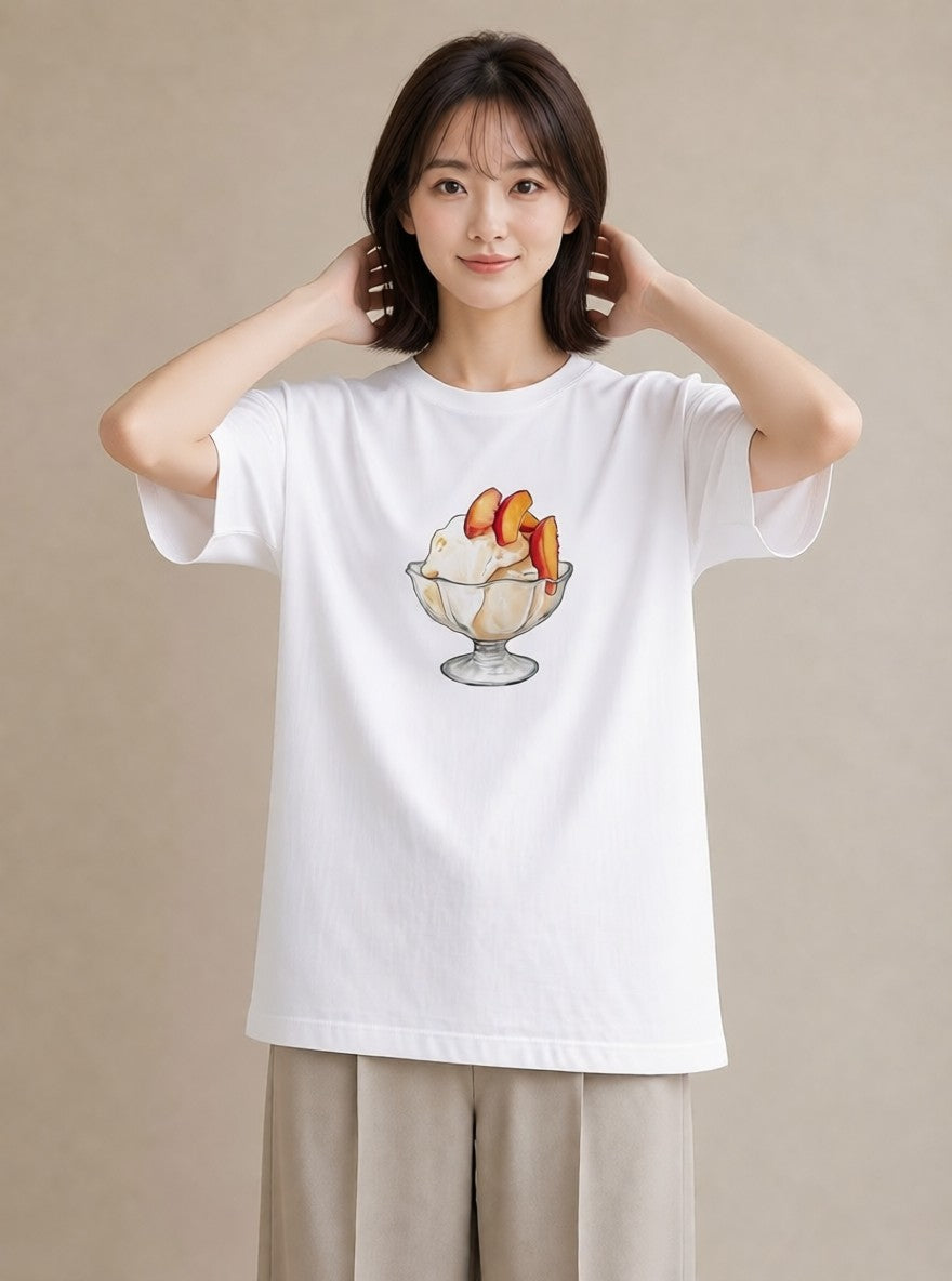 デザインTシャツ レディース もも 食べ物 フード イラスト ヴィンテージ風 休日 ペアコーデ 白T YMAZO