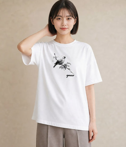 グラフィックTシャツ レディース 遠い家と鳥 風景 鳥 ナチュラル アンティーク イラスト アート風 旅行 母娘コーデ 白T YMAZO