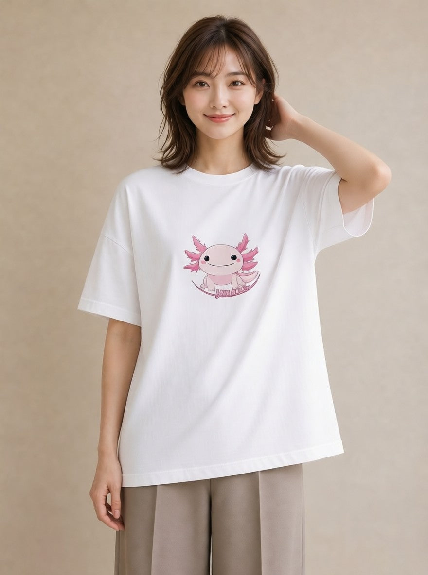 デザインTシャツ レディース ウーパールーパー ペット 動物 イラスト レトロ 公園 ママ 白T YMAZO