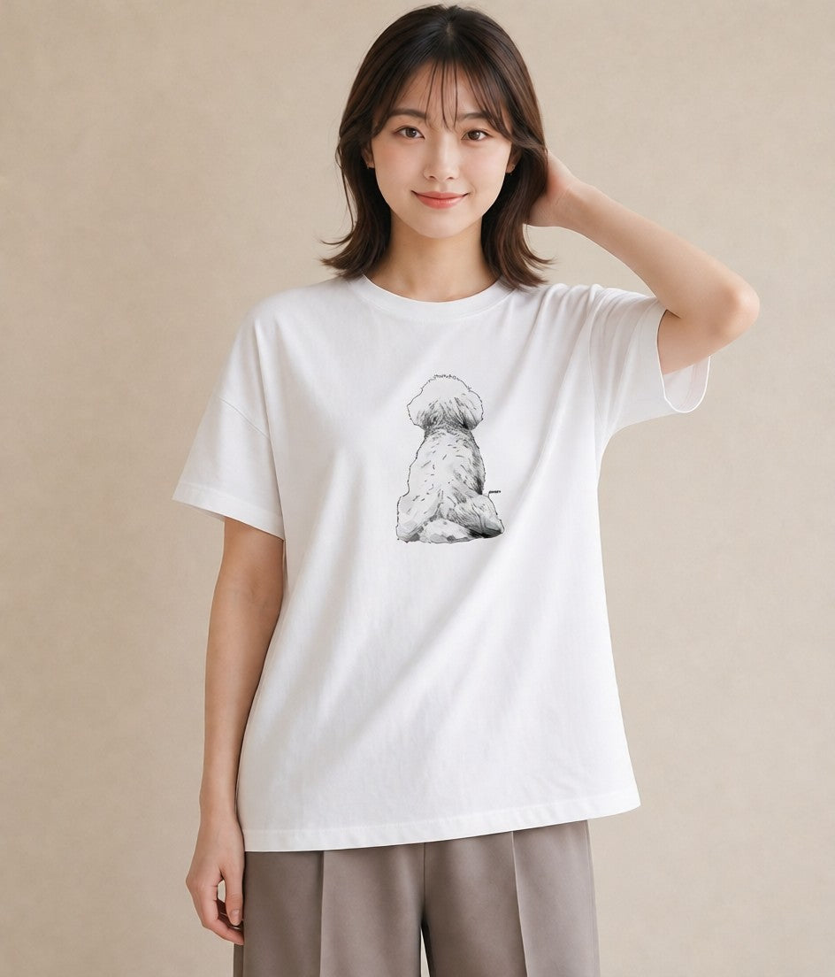 半袖Tシャツ レディース ビションフリーゼ 犬 いぬ イラスト ラフ カフェ巡り 女子会 白T YMAZO
