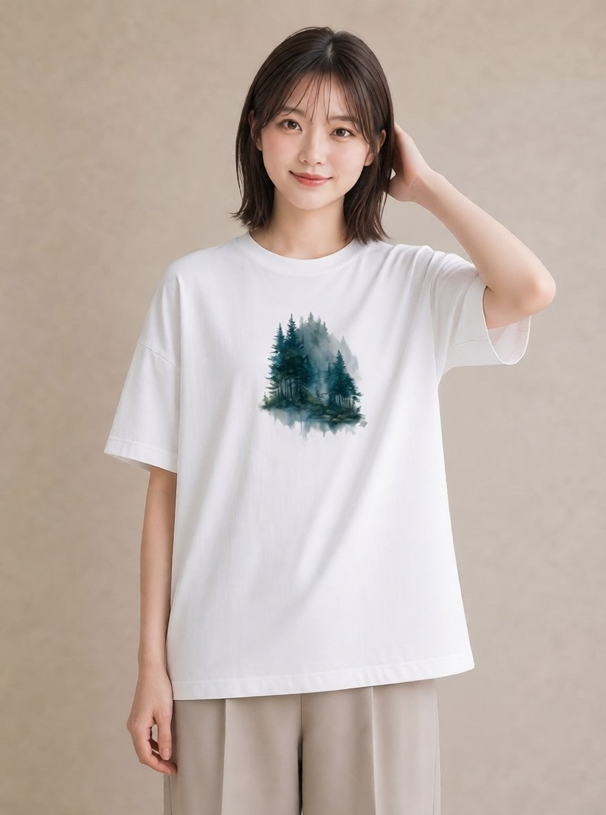 グラフィックTシャツ レディース 青の水彩 風景 ブルー ナチュラル アンティーク イラスト アート風 旅行用 海 白T YMAZO