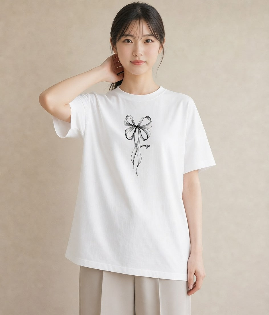 デザインTシャツ レディース リボン 蝶結び ナチュラル アンティーク イラスト ラフカジュアル 旅行用 海 白T YMAZO