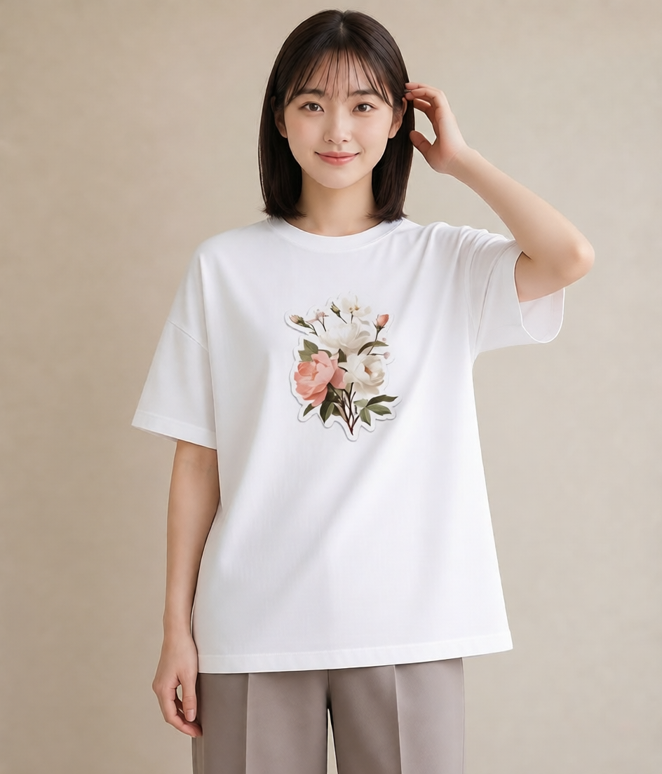 半袖Tシャツ レディース 牡丹 花 花柄 イラスト アート風 ミセス 春コーデ 白T