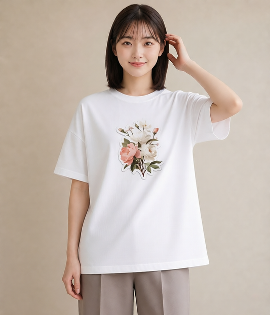 半袖Tシャツ レディース 牡丹 花 花柄 イラスト アート風 ミセス 春コーデ 白T YMAZO