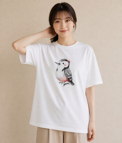半袖Tシャツ レディース シマエナガ しまえなが 動物 アニマル イラスト カフェコーデ 在宅 公園 白T YMAZO