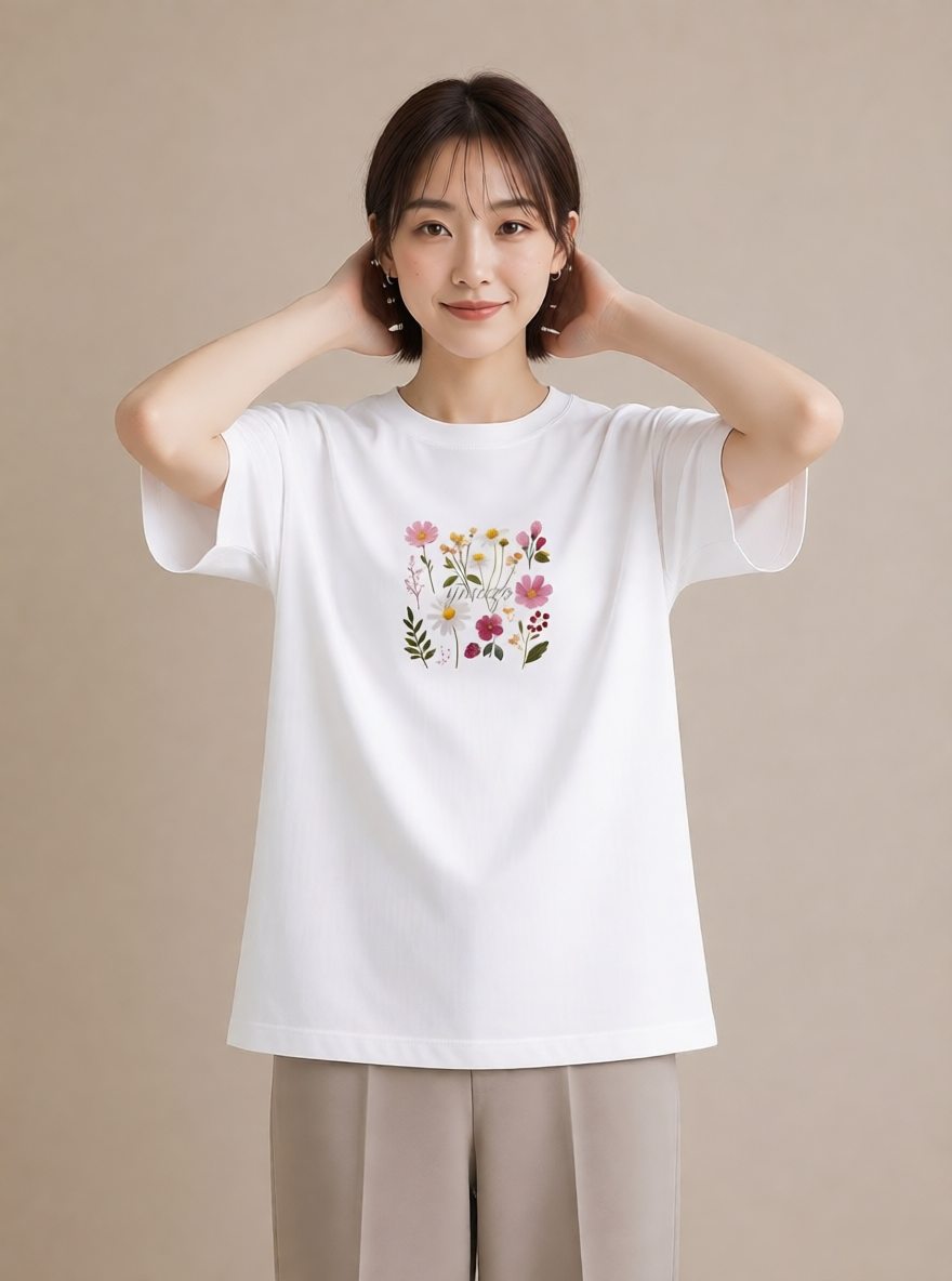 半袖Tシャツ レディース コスモス 秋桜 花 花柄 イラスト 線画 女性 旅行用 白T