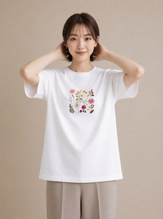 半袖Tシャツ レディース コスモス 秋桜 花 花柄 イラスト 線画 女性 旅行用 白T YMAZO