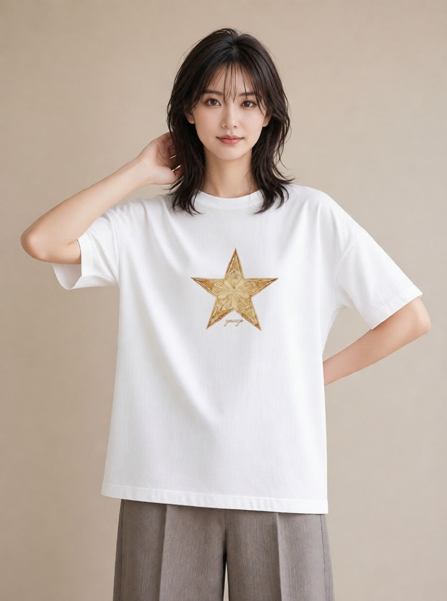 グラフィックTシャツ レディース スター 星空 宇宙 イラスト ラフカジュアル ミセス 春コーデ 白T YMAZO