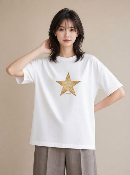 グラフィックTシャツ レディース スター 星空 宇宙 イラスト ラフカジュアル ミセス 春コーデ 白T YMAZO