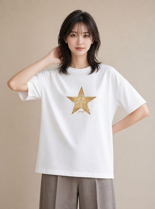 グラフィックTシャツ レディース スター 星空 宇宙 イラスト ラフカジュアル ミセス 春コーデ 白T YMAZO