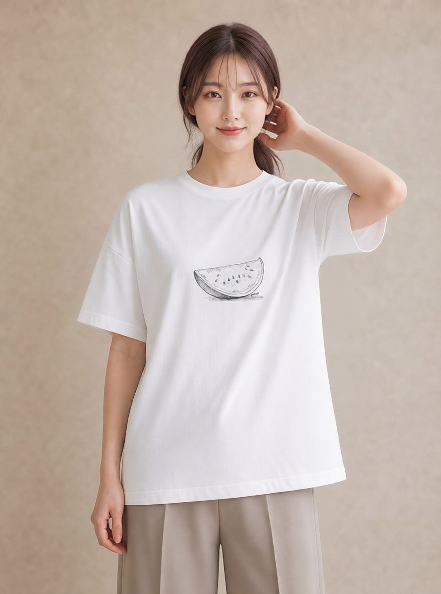 Tシャツ レディース メロン 食べ物 フード イラスト ニュアンス 母の日 ビーチ 白T YMAZO