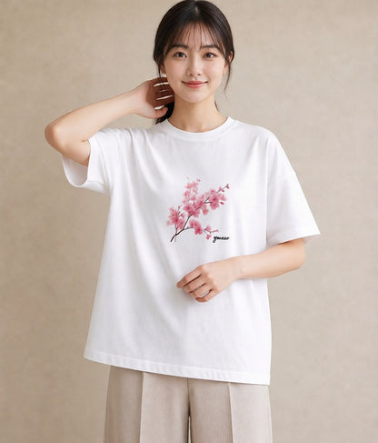 半袖Tシャツ レディース 梅 花 花柄 イラスト おしゃれギフト 社会人 白T YMAZO