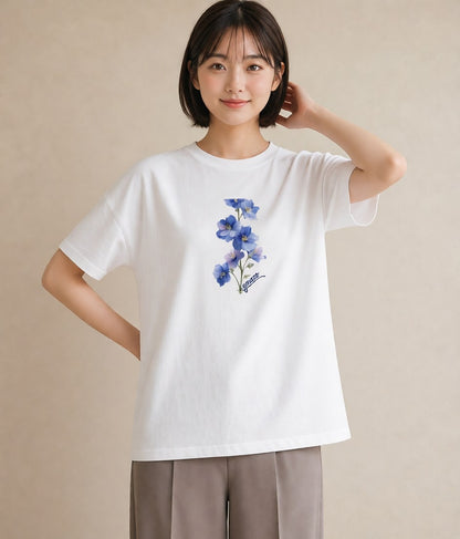 Tシャツ レディース あさがお 朝顔 花 花柄 イラスト こなれ感 デイリーウェア 休日 白T YMAZO