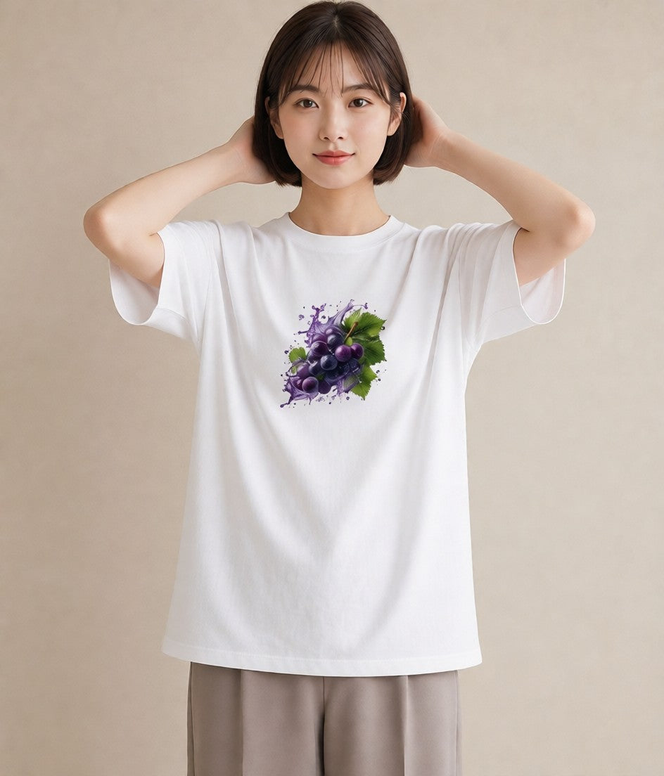 デザインTシャツ レディース ぶどう 葡萄 食べ物 フード イラスト ミニマル カフェ服 クリスマス 白T YMAZO