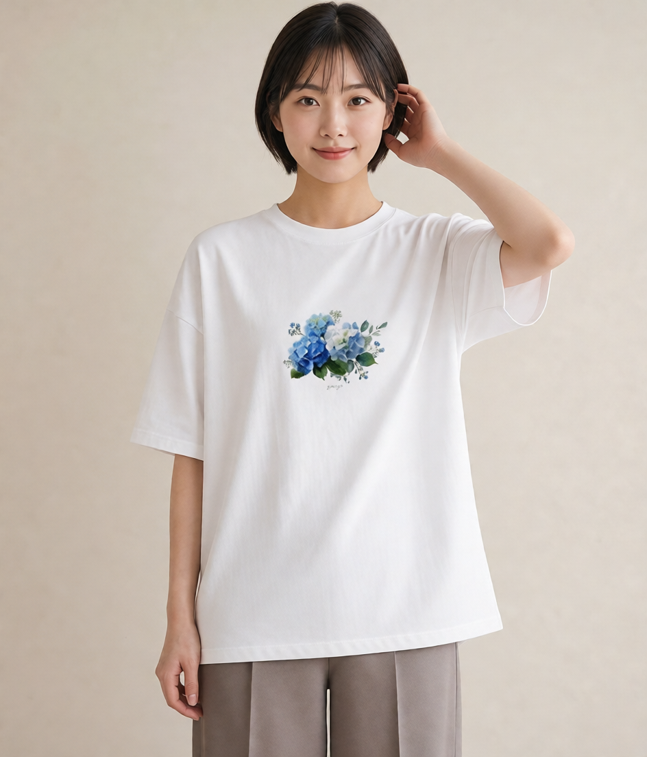 デザインTシャツ レディース あじさい 紫陽花 アジサイ 花 花柄 イラスト シンプル デイリーウェア 休日 白T
