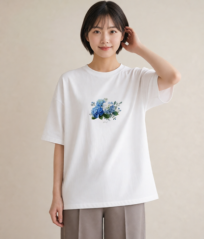 デザインTシャツ レディース あじさい 紫陽花 アジサイ 花 花柄 イラスト シンプル デイリーウェア 休日 白T