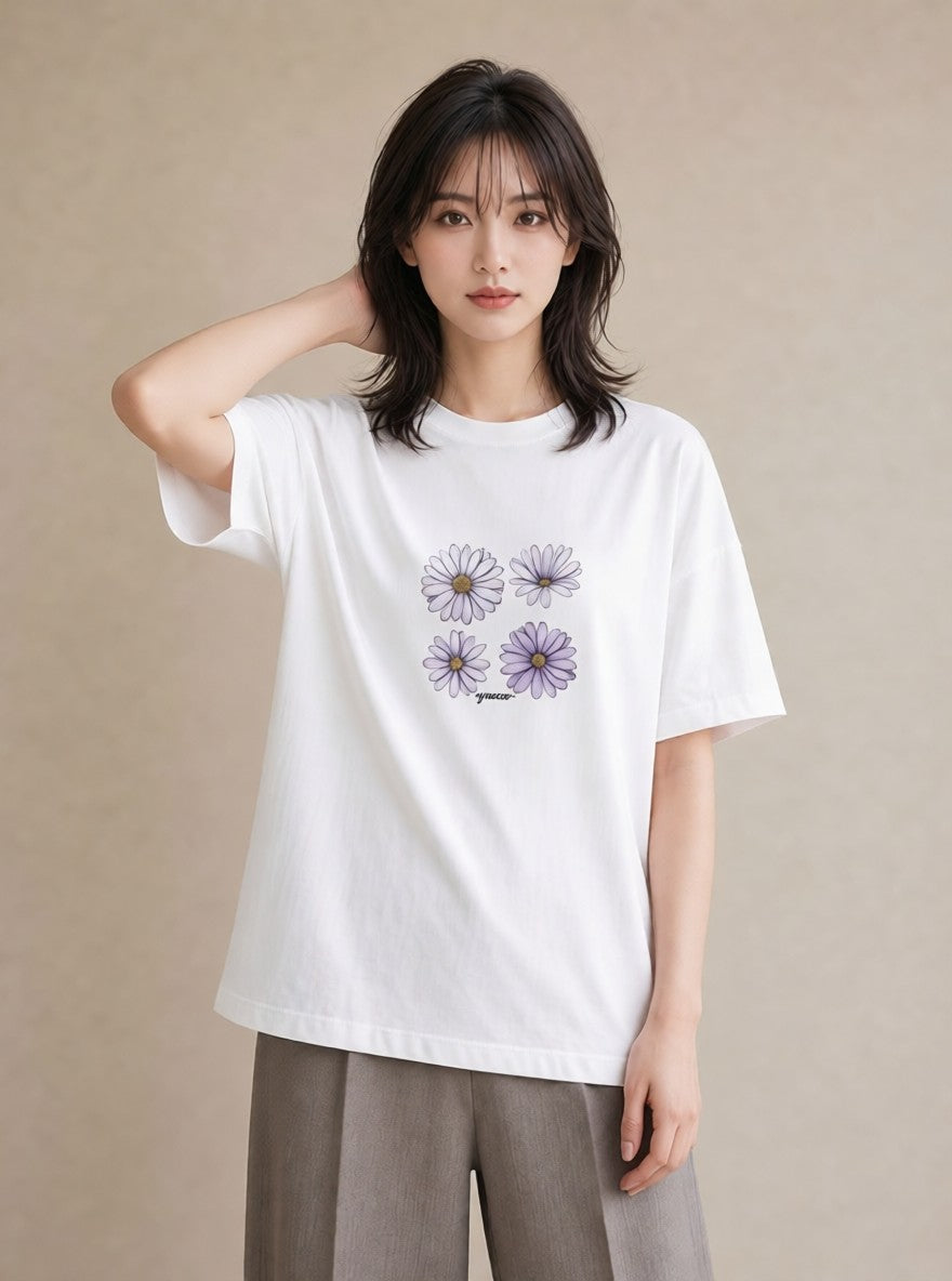 Tシャツ レディース スミレ 花 花柄 イラスト こなれ感 通勤 在宅 白T YMAZO
