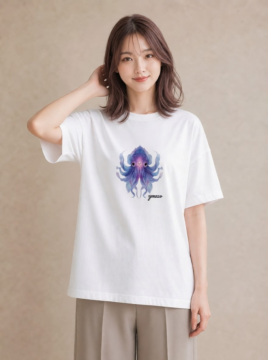 グラフィックTシャツ レディース タコ 海の生き物 海 イラスト ヴィンテージ風 ラフ レイヤード 白T YMAZO