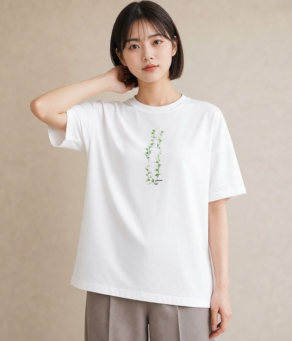 プリントTシャツ レディース 葉っぱ 植物 ボタニカル イラスト 韓国風 散歩 お出かけ 白T YMAZO