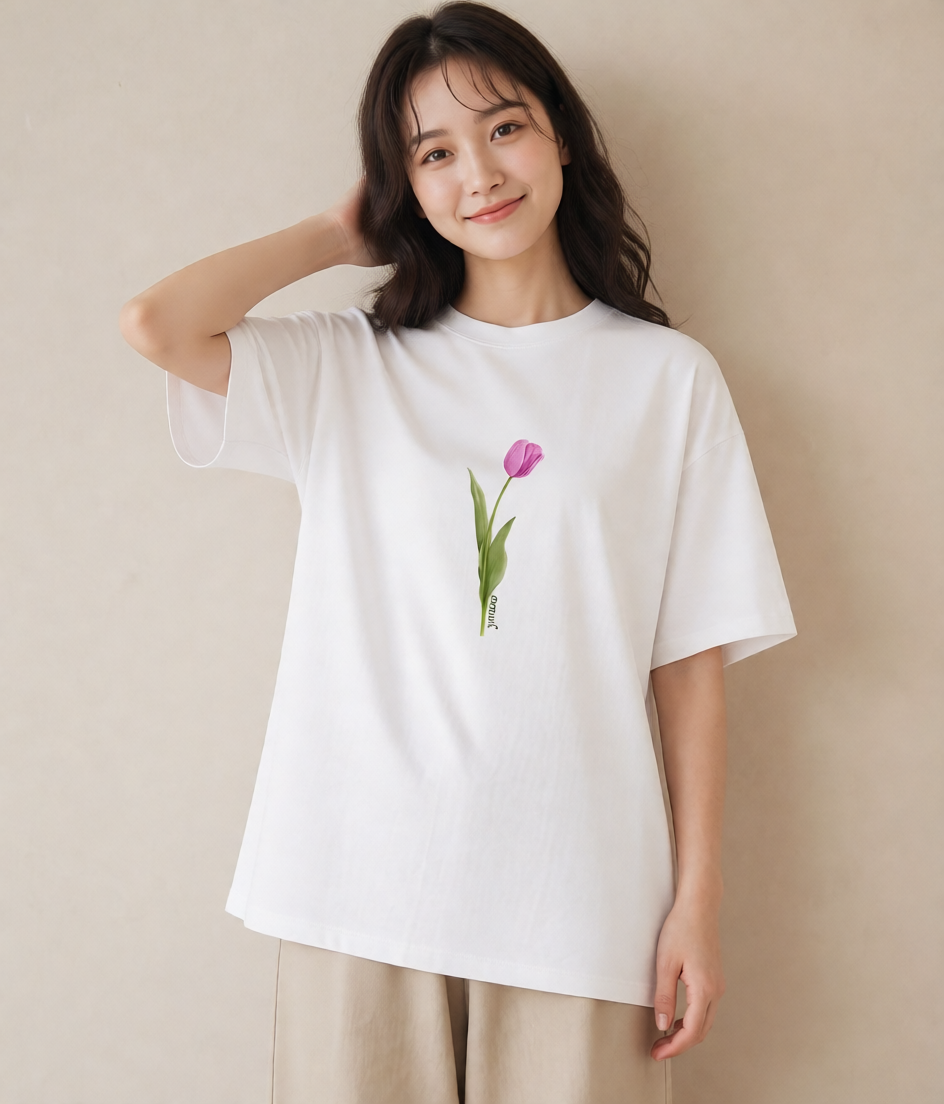 半袖Tシャツ レディース チューリップ 花 花柄 イラスト 線画 買い物 夏コーデ 白T YMAZO