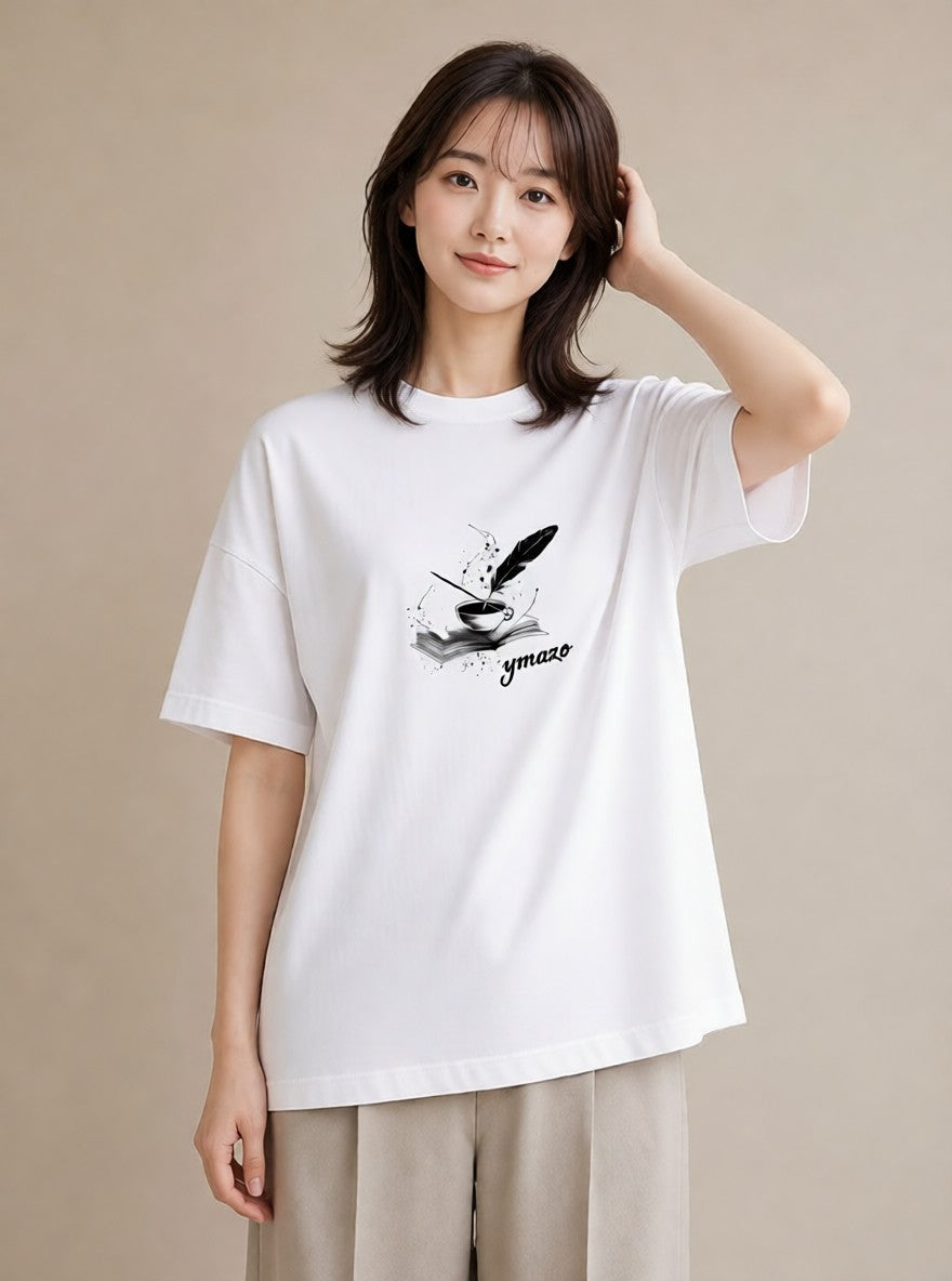 デザインTシャツ レディース 本 読書 ブック イラスト カフェコーデ 休日 ペアコーデ 白T YMAZO
