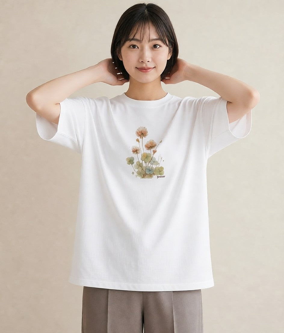 デザインTシャツ レディース たんぽぽ 花 花柄 イラスト 抜け感 ママ カフェ服 白T YMAZO