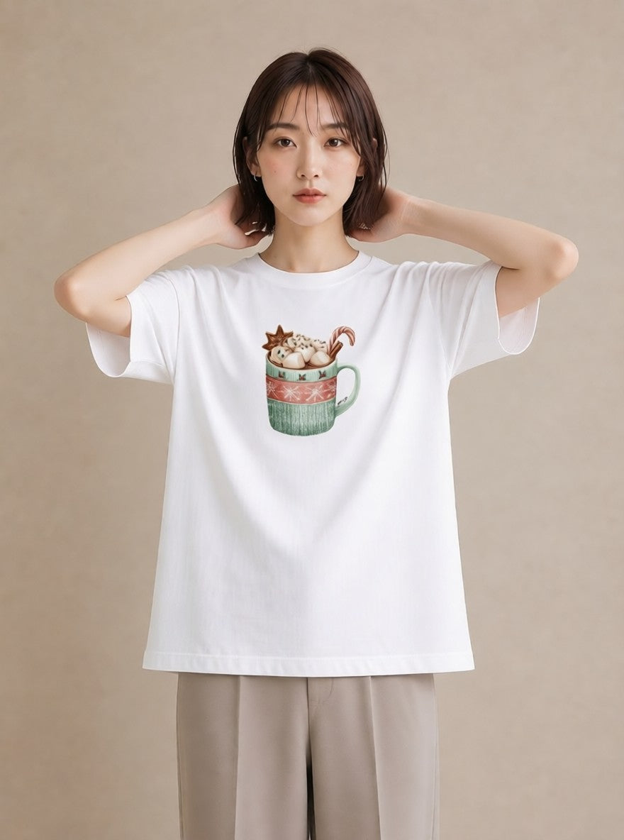 半袖Tシャツ レディース ココア 食べ物 フード イラスト カフェコーデ 送別ギフト 通勤 白T YMAZO