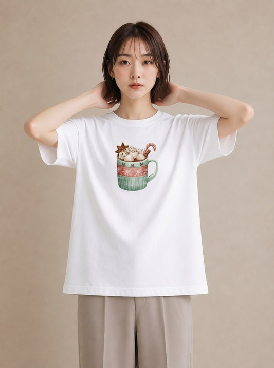 半袖Tシャツ レディース ココア 食べ物 フード イラスト カフェコーデ 送別ギフト 通勤 白T YMAZO