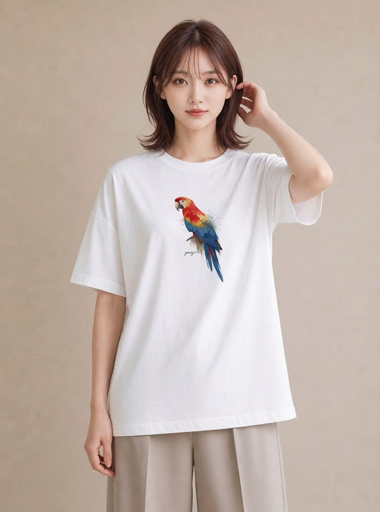 半袖Tシャツ レディース インコ ペット 動物 イラスト アート風 女性向けギフト 散歩 白T YMAZO