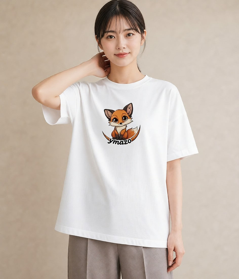 プリントTシャツ レディース きつね 動物 アニマル イラスト カジュアル 買い物 夏コーデ 白T YMAZO