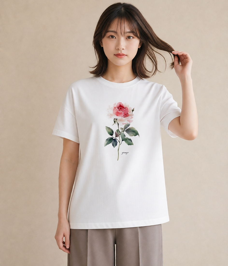 デザインTシャツ レディース バラ 薔薇 ローズ 花 花柄 イラスト ナチュラル 春服 ミセス 白T YMAZO