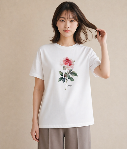 デザインTシャツ レディース バラ 薔薇 ローズ 花 花柄 イラスト ナチュラル 春服 ミセス 白T YMAZO