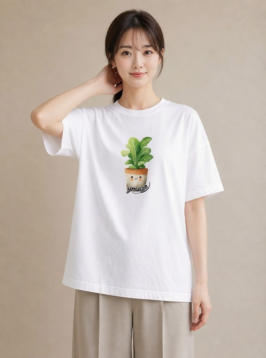 プリントTシャツ レディース 苔 植物 ボタニカル イラスト アート風 カジュアルコーデ 買い物 白T YMAZO
