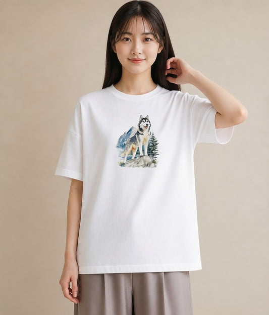 半袖Tシャツ レディース シベリアンハスキー 犬 いぬ イラスト 水彩風 姉妹 送別ギフト 白T YMAZO