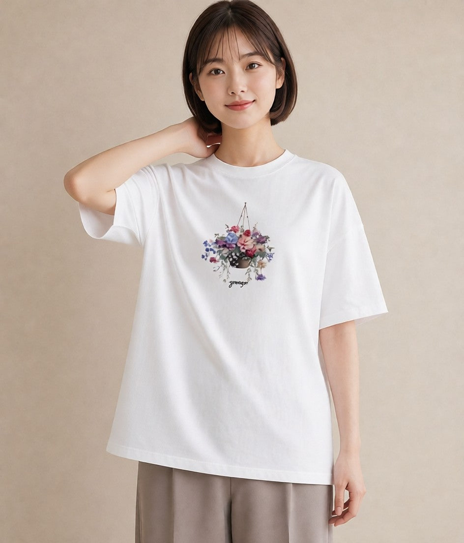 半袖Tシャツ レディース 自転車のかご 自転車 花かご ナチュラル アンティーク イラスト きれいめカジュアル ビーチ デイリーウェア 白T YMAZO