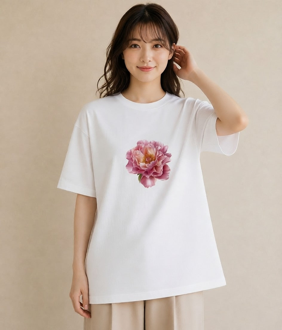 半袖Tシャツ レディース 牡丹 花 花柄 イラスト ゆるコーデ 敬老の日 ホワイトデー 白T YMAZO