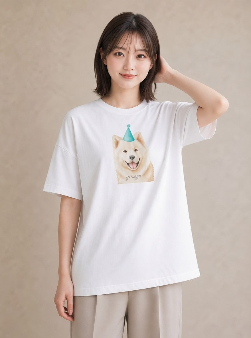 半袖Tシャツ レディース サモエド 犬 いぬ イラスト 可愛い 母の日 ビーチ 白T YMAZO