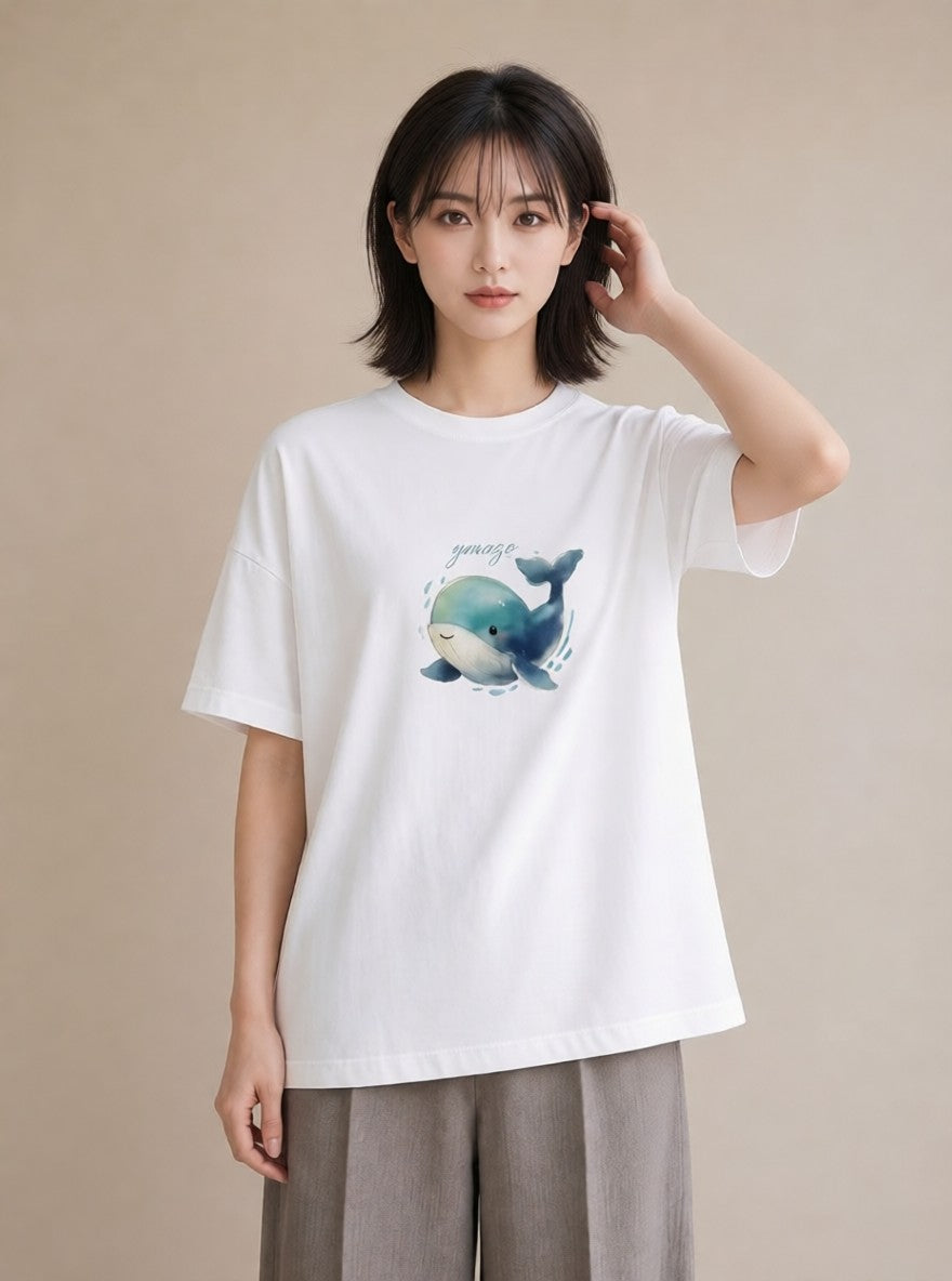 プリントTシャツ レディース シャチ 海の生き物 海 イラスト 上品 友達ギフト 部屋着 白T YMAZO