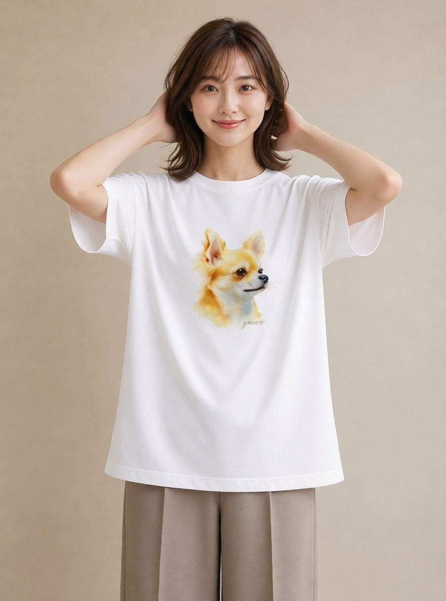 Tシャツ レディース チワワ 犬 いぬ イラスト 手描き風 お出かけ 普段着 白T YMAZO