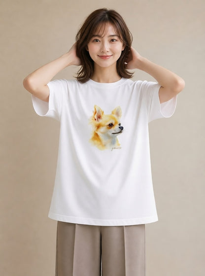 Tシャツ レディース チワワ 犬 いぬ イラスト 手描き風 お出かけ 普段着 白T YMAZO