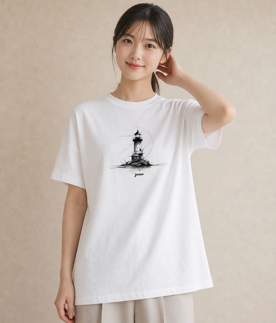 デザインTシャツ レディース 灯台 霧 海 ナチュラル アンティーク イラスト ラフ レイヤード 友達ギフト 白T YMAZO