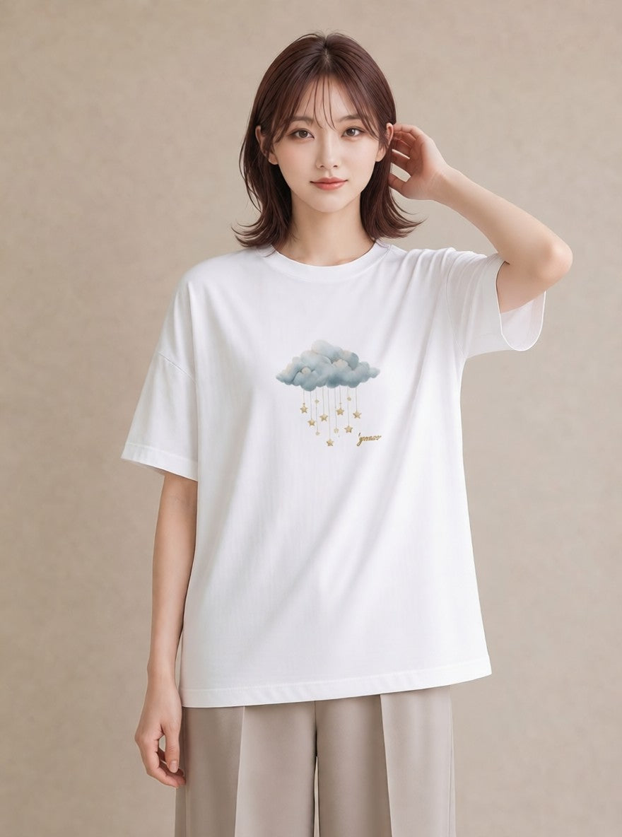 Tシャツ レディース 空 星空 宇宙 イラスト ゆるかわ ホワイトデー 春服 白T YMAZO