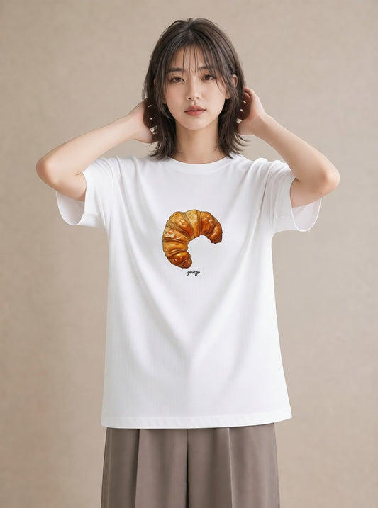 デザインTシャツ レディース クロワッサン 食べ物 フード イラスト 線画 ギフト 母の日 白T YMAZO