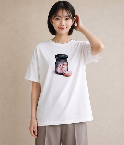 Tシャツ レディース マカロン 食べ物 フード イラスト ミニマル デイリーウェア 休日 白T YMAZO
