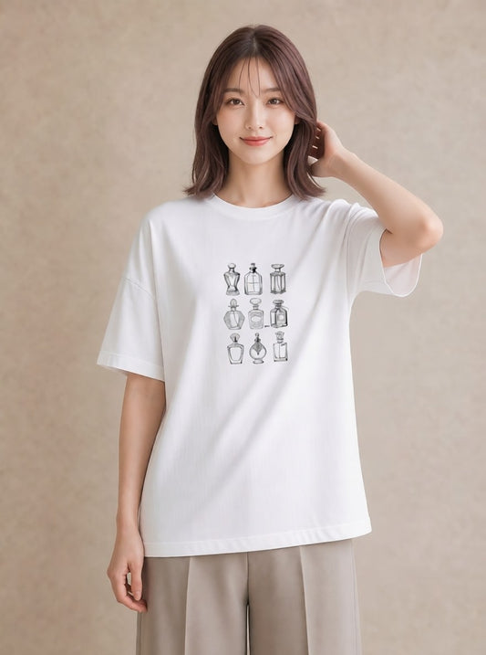 デザインTシャツ レディース 香水 香水瓶 パフューム イラスト ポップ 20代 カジュアルコーデ 白T YMAZO